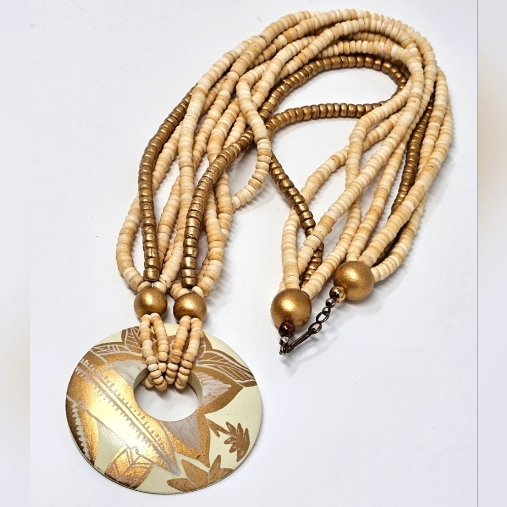 Elegant Vintage Neutral and Gold Wood Beaded Necklace